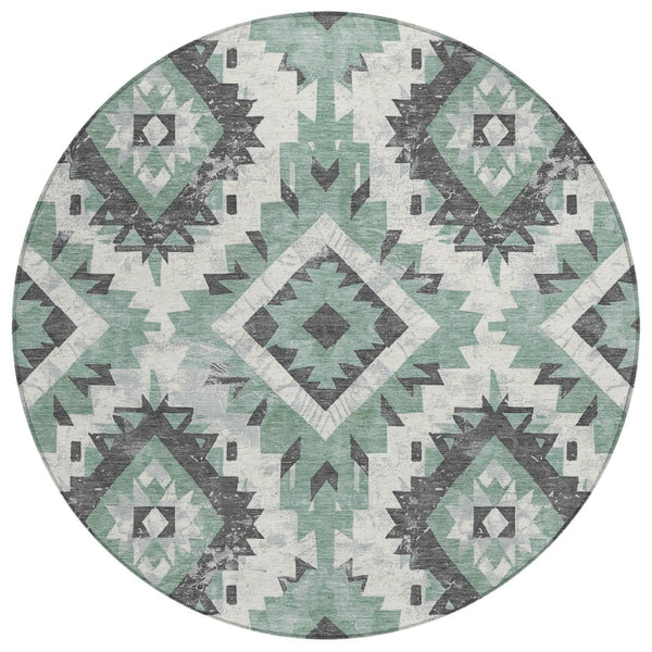 HomeRoots 8' Pale Aqua and Gray Round Aztec Rug - Stylish, Washable Area Rug for Indoor & Outdoor Spaces 623715
