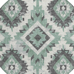 HomeRoots 8' Pale Aqua and Gray Round Aztec Rug - Stylish, Washable Area Rug for Indoor & Outdoor Spaces 623715