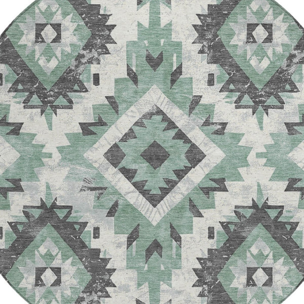 HomeRoots 8' Pale Aqua and Gray Round Aztec Rug - Stylish, Washable Area Rug for Indoor & Outdoor Spaces 623715