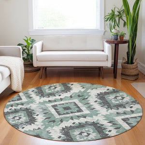 HomeRoots 8' Pale Aqua and Gray Round Aztec Rug - Stylish, Washable Area Rug for Indoor & Outdoor Spaces 623715