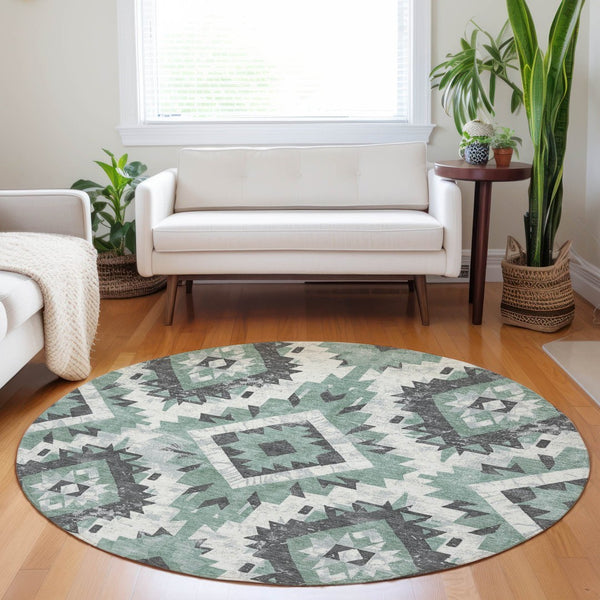 HomeRoots 8' Pale Aqua and Gray Round Aztec Rug - Stylish, Washable Area Rug for Indoor & Outdoor Spaces 623715
