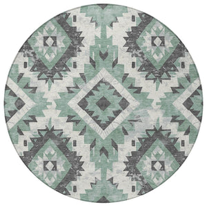HomeRoots 8' Pale Aqua and Gray Round Aztec Rug - Stylish, Washable Area Rug for Indoor & Outdoor Spaces 623715