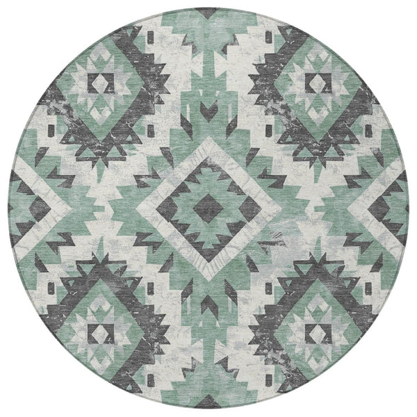 HomeRoots 8' Pale Aqua and Gray Round Aztec Rug - Stylish, Washable Area Rug for Indoor & Outdoor Spaces 623715