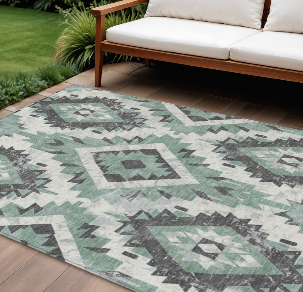 HomeRoots 9' X 12' Durable Pale Aqua & Gray Aztec Area Rug - Washable for Indoor/Outdoor Elegance & Style 623717