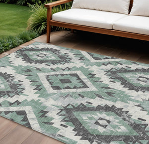 HomeRoots 9' X 12' Durable Pale Aqua & Gray Aztec Area Rug - Washable for Indoor/Outdoor Elegance & Style 623717