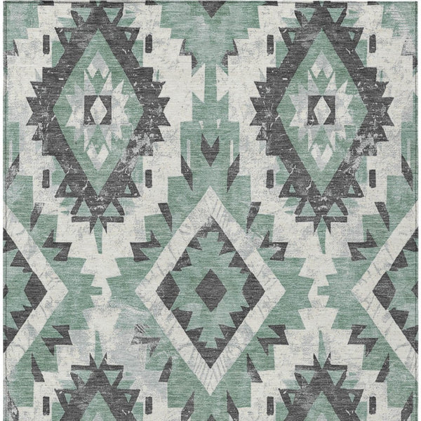 HomeRoots 9' X 12' Durable Pale Aqua & Gray Aztec Area Rug - Washable for Indoor/Outdoor Elegance & Style 623717