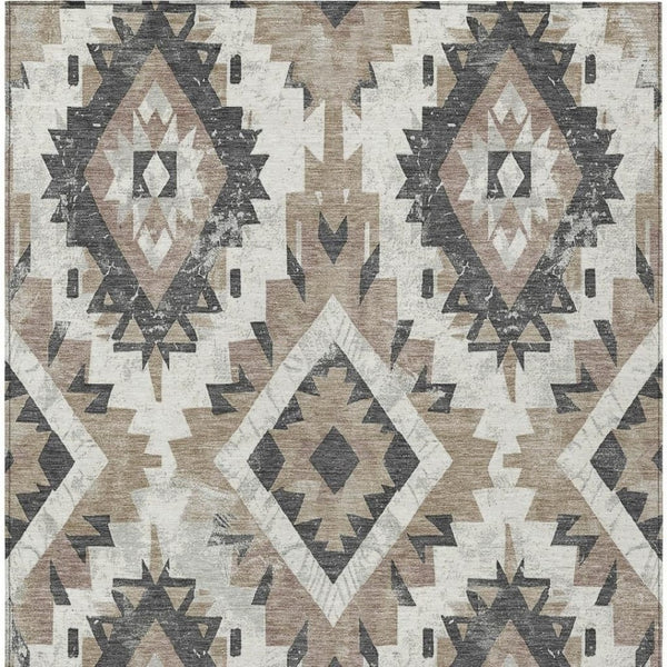 HomeRoots 5' Taupe and Gray Aztec Washable Area Rug - Perfect for Indoor/Outdoor Style & Easy Maintenance! 623726