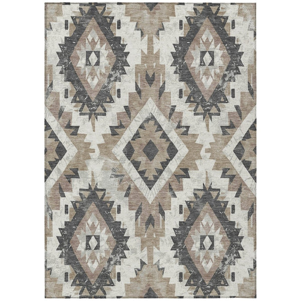 HomeRoots 5' Taupe and Gray Aztec Washable Area Rug - Perfect for Indoor/Outdoor Style & Easy Maintenance! 623726