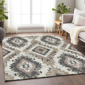 HomeRoots 5' Taupe and Gray Aztec Washable Area Rug - Perfect for Indoor/Outdoor Style & Easy Maintenance! 623726