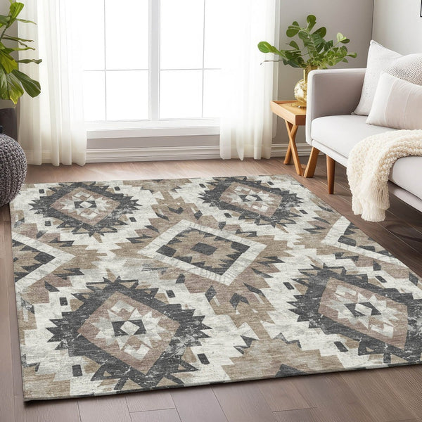 HomeRoots 5' Taupe and Gray Aztec Washable Area Rug - Perfect for Indoor/Outdoor Style & Easy Maintenance! 623726