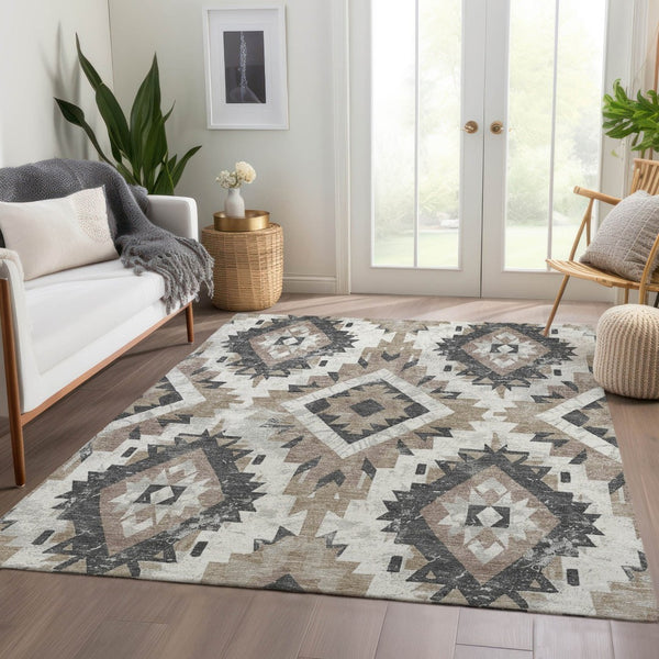HomeRoots 5' Taupe and Gray Aztec Washable Area Rug - Perfect for Indoor/Outdoor Style & Easy Maintenance! 623726