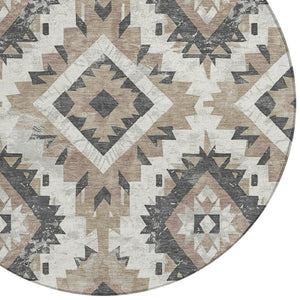 HomeRoots 8' Taupe and Gray Round Aztec Indoor-Outdoor Area Rug - Durable, Washable & Stylish for Any Space 623727