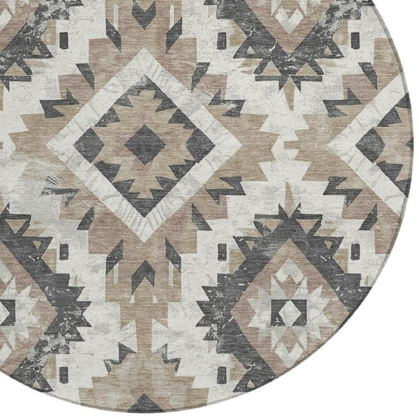 HomeRoots 8' Taupe and Gray Round Aztec Indoor-Outdoor Area Rug - Durable, Washable & Stylish for Any Space 623727