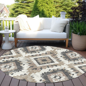 HomeRoots 8' Taupe and Gray Round Aztec Indoor-Outdoor Area Rug - Durable, Washable & Stylish for Any Space 623727