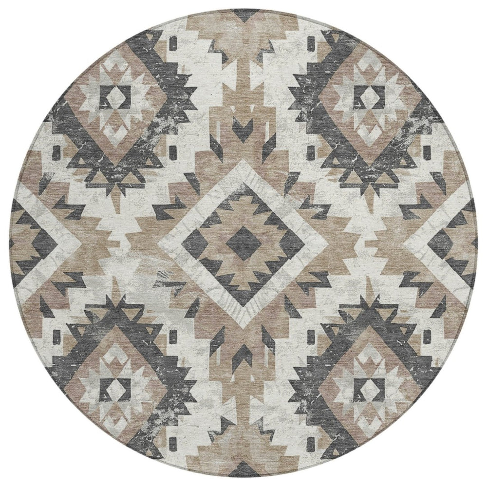 HomeRoots 8' Taupe and Gray Round Aztec Indoor-Outdoor Area Rug - Durable, Washable & Stylish for Any Space 623727