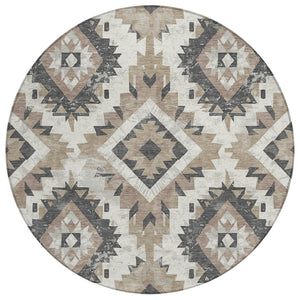 HomeRoots 8' Taupe and Gray Round Aztec Indoor-Outdoor Area Rug - Durable, Washable & Stylish for Any Space 623727