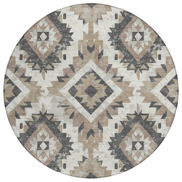 HomeRoots 8' Taupe and Gray Round Aztec Indoor-Outdoor Area Rug - Durable, Washable & Stylish for Any Space 623727
