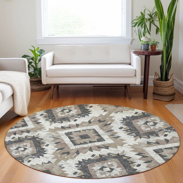 HomeRoots 8' Taupe and Gray Round Aztec Indoor-Outdoor Area Rug - Durable, Washable & Stylish for Any Space 623727