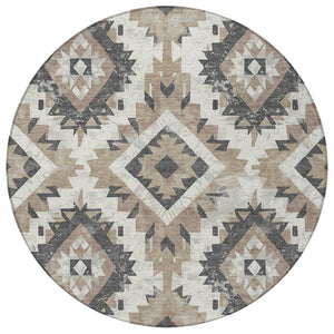 HomeRoots 8' Taupe and Gray Round Aztec Indoor-Outdoor Area Rug - Durable, Washable & Stylish for Any Space 623727