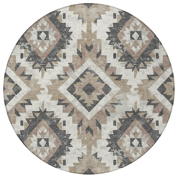 HomeRoots 8' Taupe and Gray Round Aztec Indoor-Outdoor Area Rug - Durable, Washable & Stylish for Any Space 623727