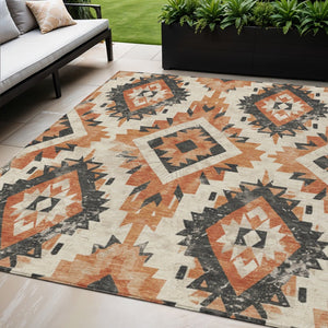 HomeRoots 5' X 8' Washable Terra Cotta and Gray Aztec Rug - Durable, Stylish Indoor-Outdoor Accent for Any Space 623732