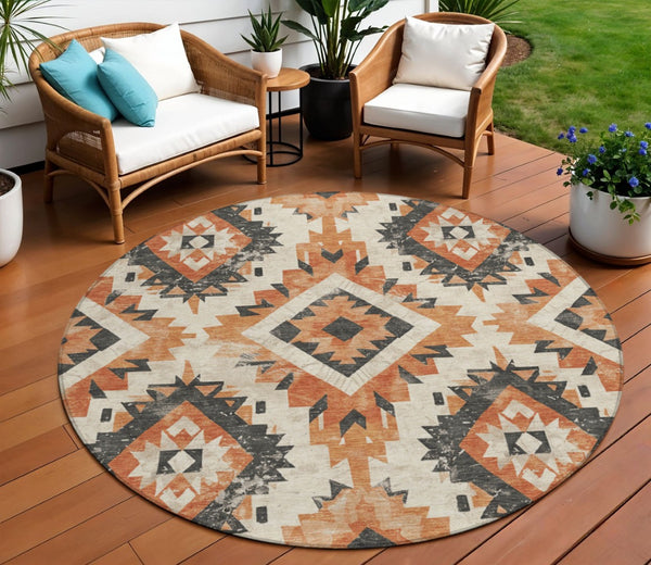 HomeRoots 8' Stylish Terra Cotta & Gray Round Aztec Washable Area Rug for Indoor/Outdoor High-Traffic Use 623733