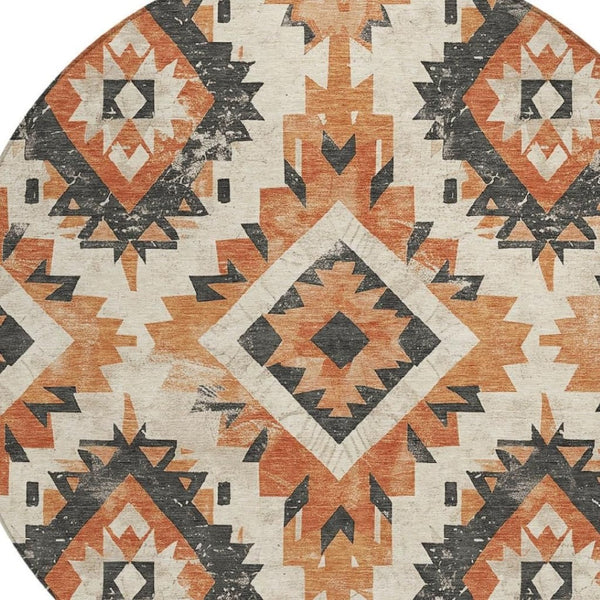 HomeRoots 8' Stylish Terra Cotta & Gray Round Aztec Washable Area Rug for Indoor/Outdoor High-Traffic Use 623733