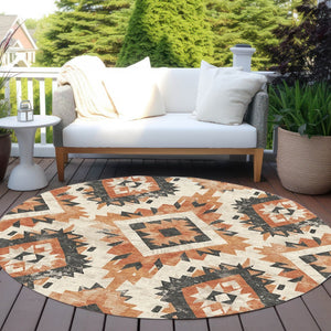 HomeRoots 8' Stylish Terra Cotta & Gray Round Aztec Washable Area Rug for Indoor/Outdoor High-Traffic Use 623733