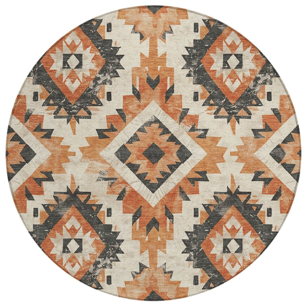 HomeRoots 8' Stylish Terra Cotta & Gray Round Aztec Washable Area Rug for Indoor/Outdoor High-Traffic Use 623733