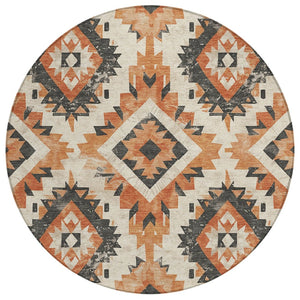 HomeRoots 8' Stylish Terra Cotta & Gray Round Aztec Washable Area Rug for Indoor/Outdoor High-Traffic Use 623733