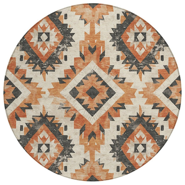 HomeRoots 8' Stylish Terra Cotta & Gray Round Aztec Washable Area Rug for Indoor/Outdoor High-Traffic Use 623733