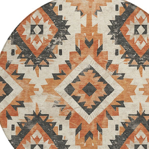 HomeRoots 8' Stylish Terra Cotta & Gray Round Aztec Washable Area Rug for Indoor/Outdoor High-Traffic Use 623733