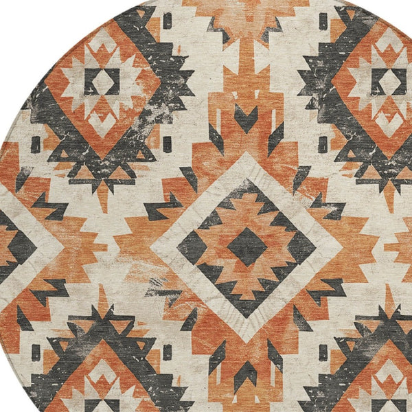 HomeRoots 8' Stylish Terra Cotta & Gray Round Aztec Washable Area Rug for Indoor/Outdoor High-Traffic Use 623733