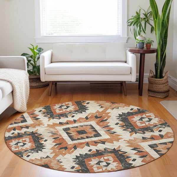 HomeRoots 8' Stylish Terra Cotta & Gray Round Aztec Washable Area Rug for Indoor/Outdoor High-Traffic Use 623733