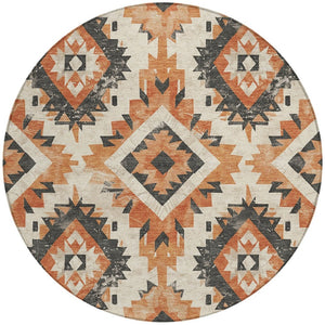 HomeRoots 8' Stylish Terra Cotta & Gray Round Aztec Washable Area Rug for Indoor/Outdoor High-Traffic Use 623733