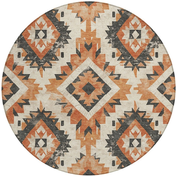 HomeRoots 8' Stylish Terra Cotta & Gray Round Aztec Washable Area Rug for Indoor/Outdoor High-Traffic Use 623733