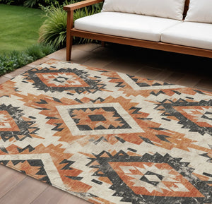 HomeRoots 8' X 10' Stylish Terra Cotta & Gray Aztec Area Rug – Washable, Durable for Indoor/Outdoor Use! 623734