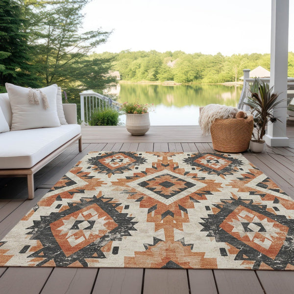 HomeRoots 8' X 10' Stylish Terra Cotta & Gray Aztec Area Rug – Washable, Durable for Indoor/Outdoor Use! 623734