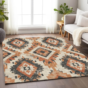 HomeRoots 8' X 10' Stylish Terra Cotta & Gray Aztec Area Rug – Washable, Durable for Indoor/Outdoor Use! 623734