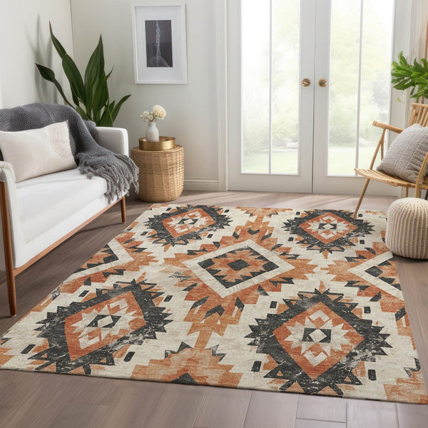 HomeRoots 8' X 10' Stylish Terra Cotta & Gray Aztec Area Rug – Washable, Durable for Indoor/Outdoor Use! 623734
