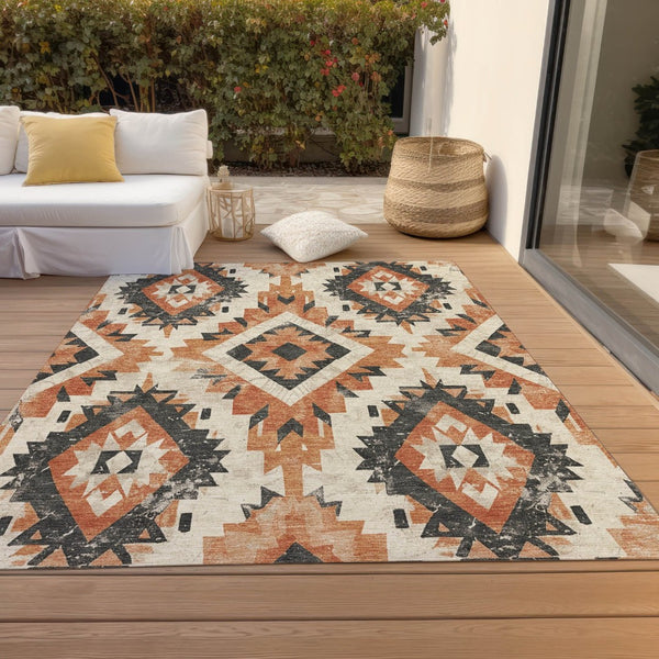 HomeRoots 8' X 10' Stylish Terra Cotta & Gray Aztec Area Rug – Washable, Durable for Indoor/Outdoor Use! 623734