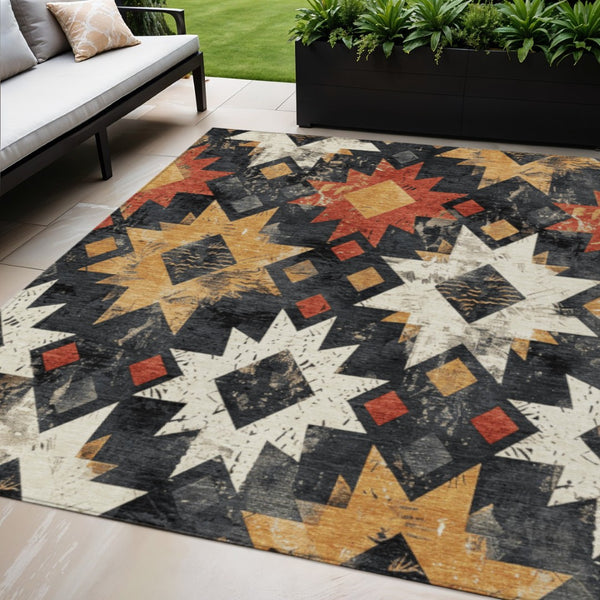 HomeRoots 5' X 8' Aztec-Inspired Black Gold Rust Area Rug - Washable, Durable, Indoor/Outdoor Accent Piece 623738