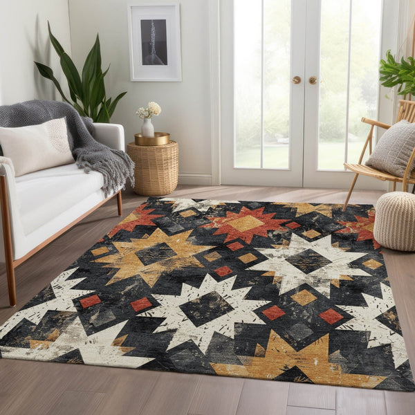 HomeRoots 5' X 8' Aztec-Inspired Black Gold Rust Area Rug - Washable, Durable, Indoor/Outdoor Accent Piece 623738