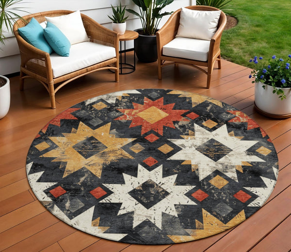 HomeRoots 8' Round Aztec Rug in Black, Gold & Rust - Washable, Durable Indoor/Outdoor Area Rug for All Spaces 623739