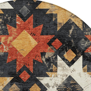 HomeRoots 8' Round Aztec Rug in Black, Gold & Rust - Washable, Durable Indoor/Outdoor Area Rug for All Spaces 623739