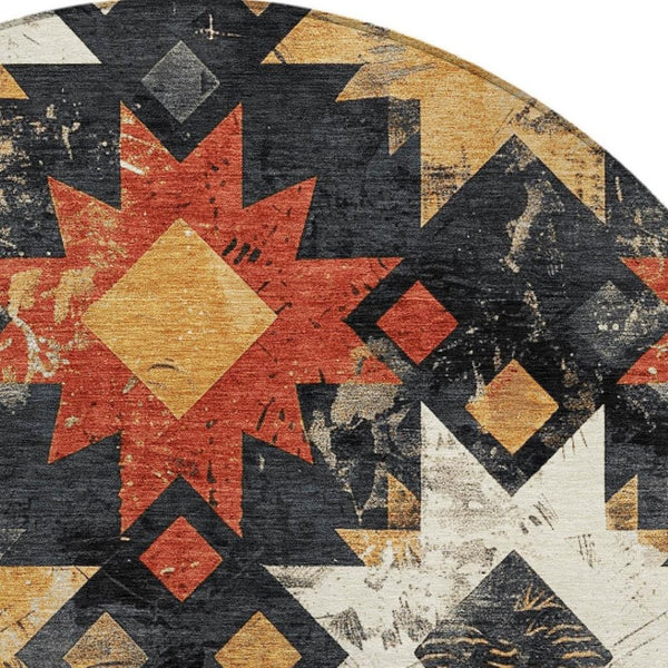 HomeRoots 8' Round Aztec Rug in Black, Gold & Rust - Washable, Durable Indoor/Outdoor Area Rug for All Spaces 623739