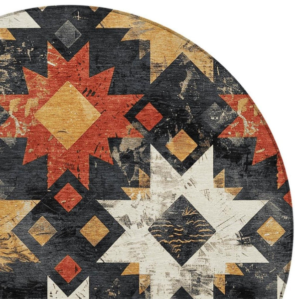HomeRoots 8' Round Aztec Rug in Black, Gold & Rust - Washable, Durable Indoor/Outdoor Area Rug for All Spaces 623739
