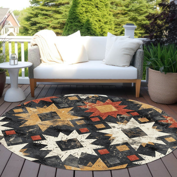 HomeRoots 8' Round Aztec Rug in Black, Gold & Rust - Washable, Durable Indoor/Outdoor Area Rug for All Spaces 623739