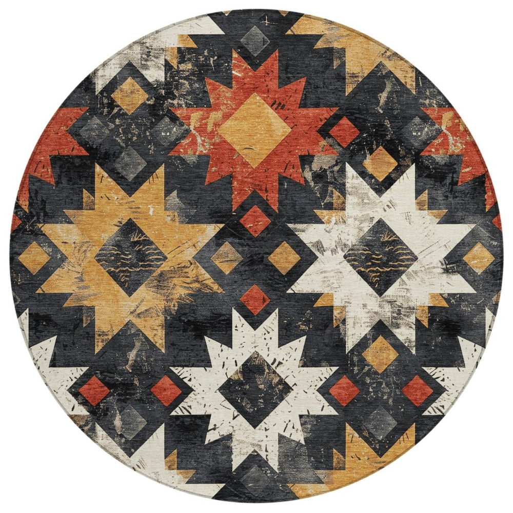 HomeRoots 8' Round Aztec Rug in Black, Gold & Rust - Washable, Durable Indoor/Outdoor Area Rug for All Spaces 623739