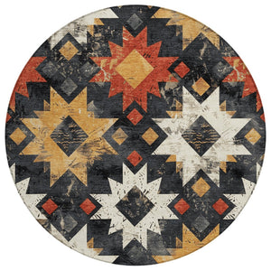 HomeRoots 8' Round Aztec Rug in Black, Gold & Rust - Washable, Durable Indoor/Outdoor Area Rug for All Spaces 623739